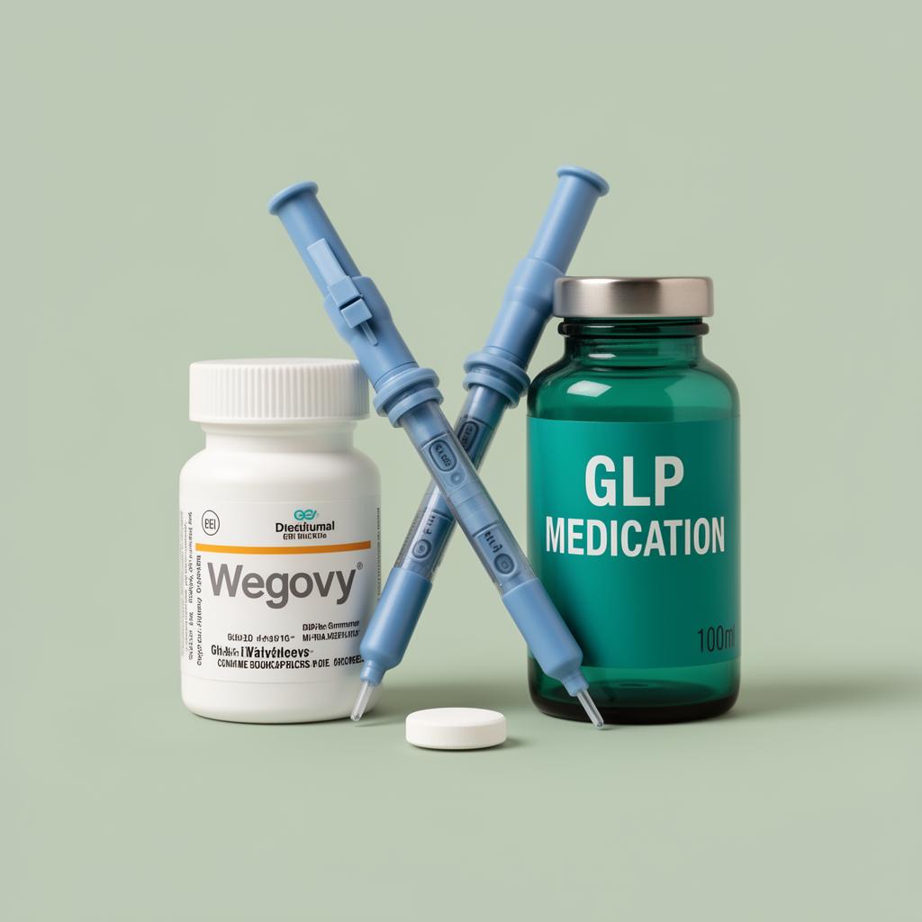 GLP-1 medication: Wegovy tablet bottle, prescription GLP medication vial and injection pens on a soft mint background